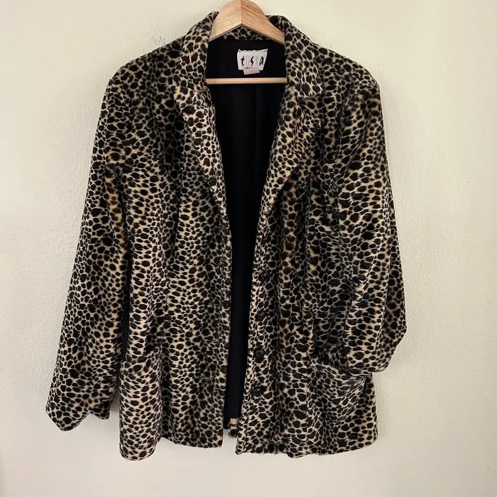 Womens Vintage Leopard Faux Fur Coat Cheetah Animal Print Y2K Mob Wife Glam